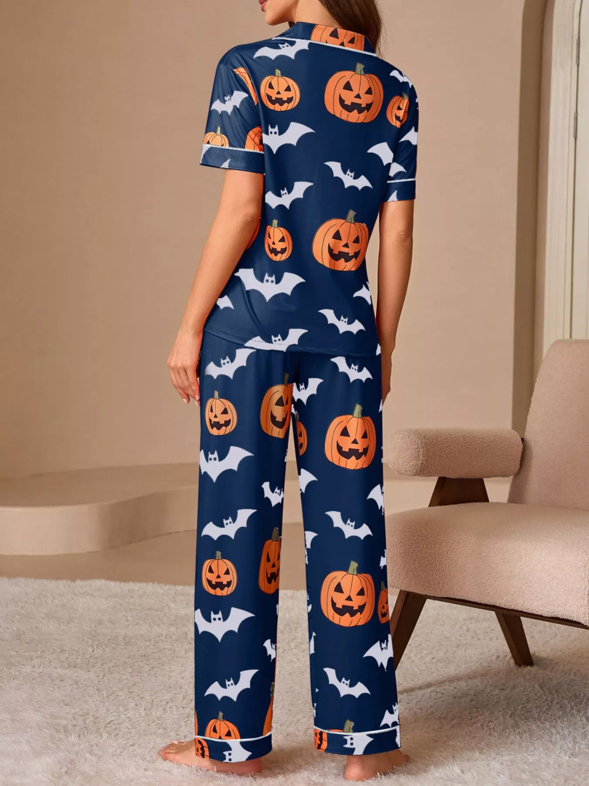 Halloween Pumpkin and Bat Print Button-Down Top and Pants Lounge Set - Navy Blue - View 4