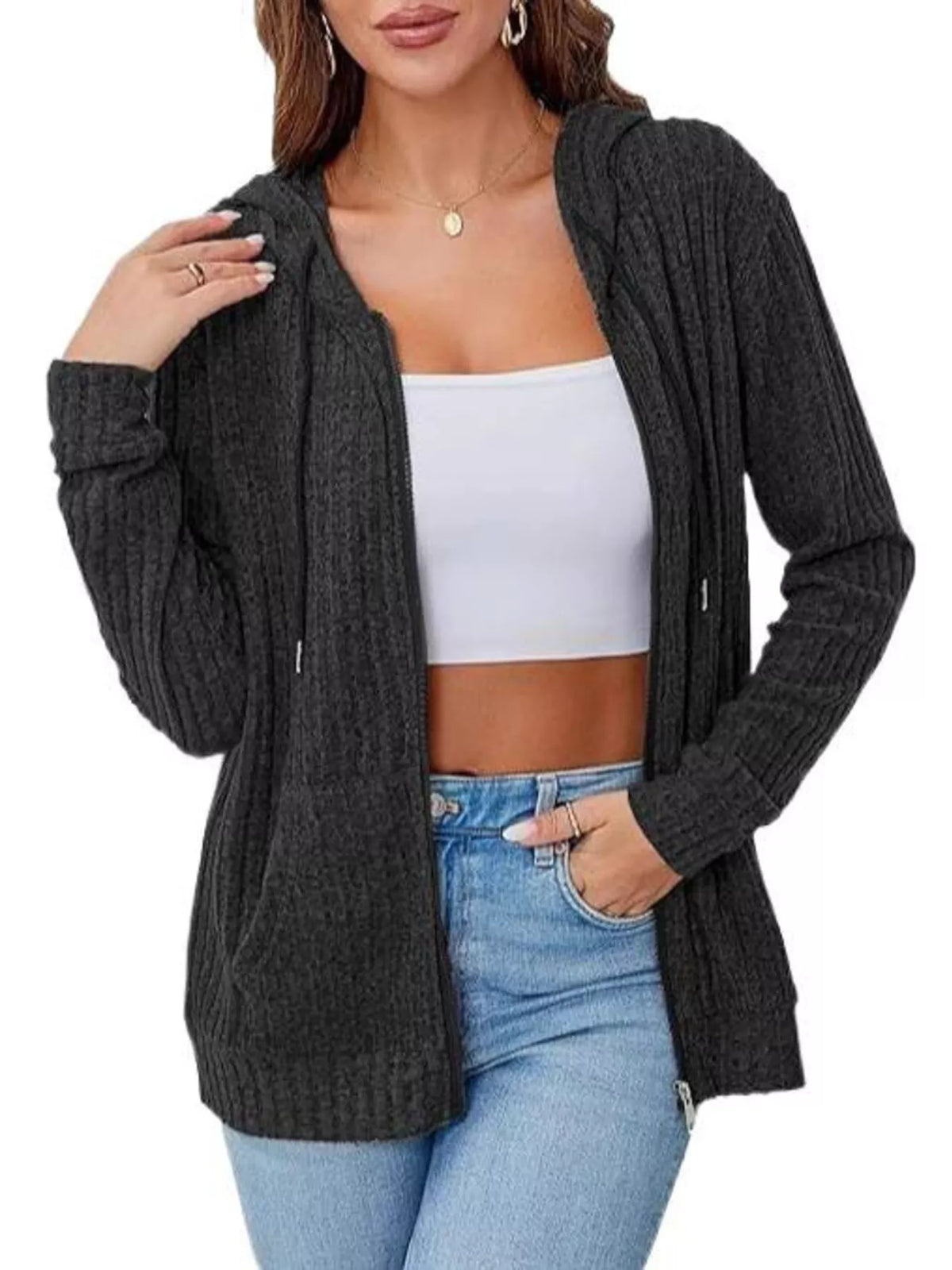 Ribbed Knit Zip-Up Hooded Cardigan - Black - View 2