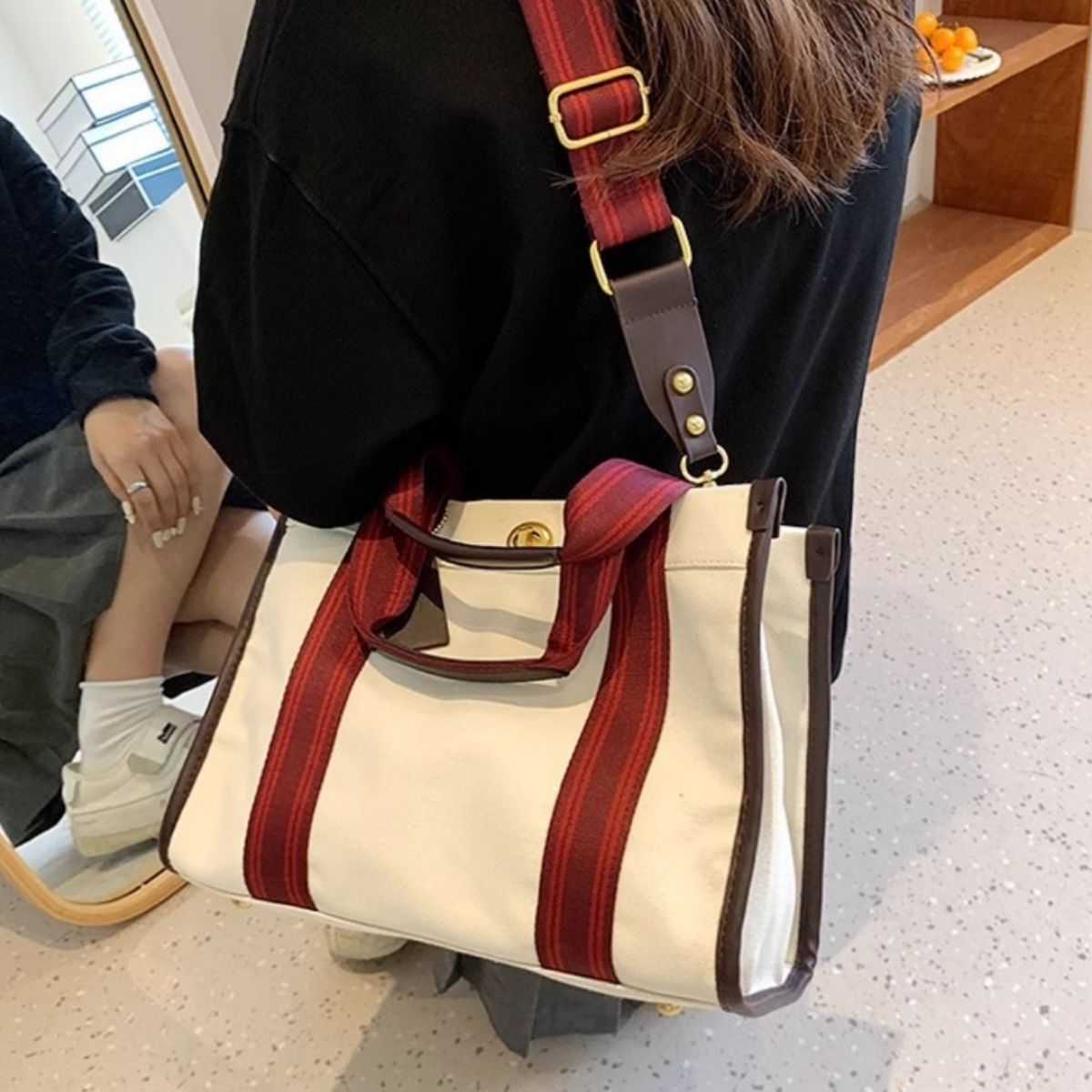Contrast Canvas Tote Bag - White - View 4