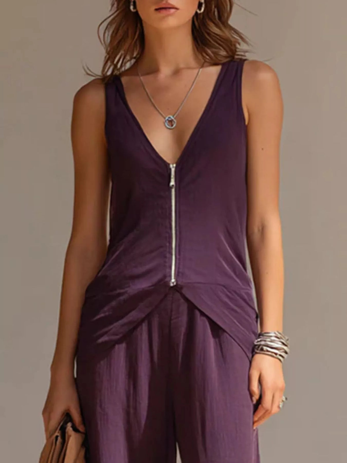 Full Size Zipper Front Tank and Wide-Leg Pants Set Plus Size - Purple - View 2