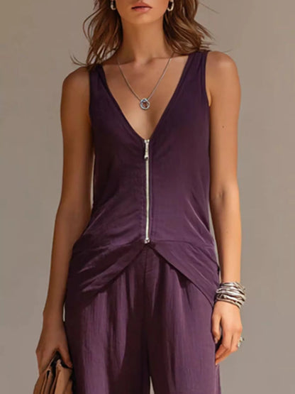 Full Size Zipper Front Tank and Wide-Leg Pants Set Plus Size - Purple - View 2