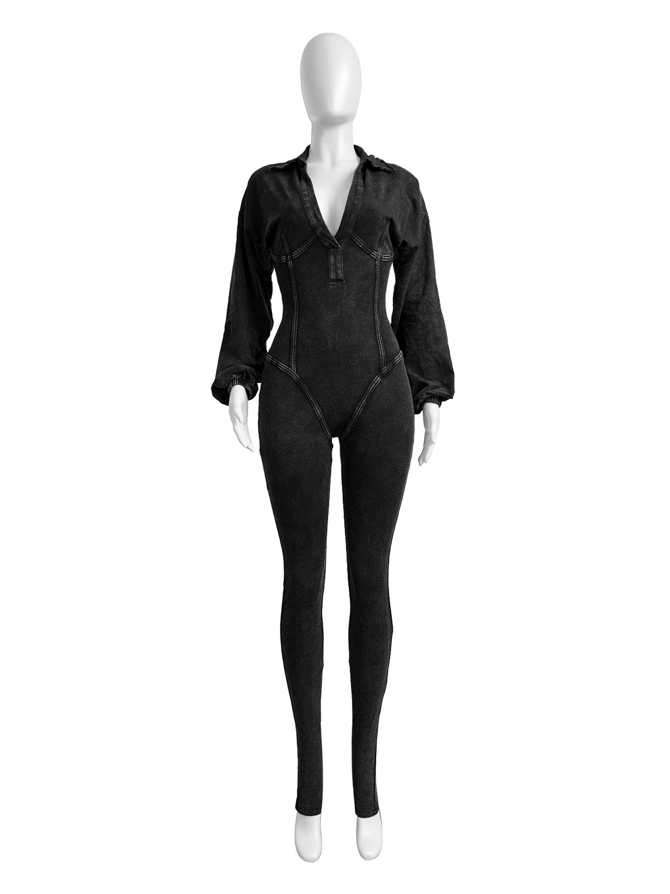 Fashionable women's washed and aged sexy deep V-tight long sleeved autumn and winter jumpsuit
