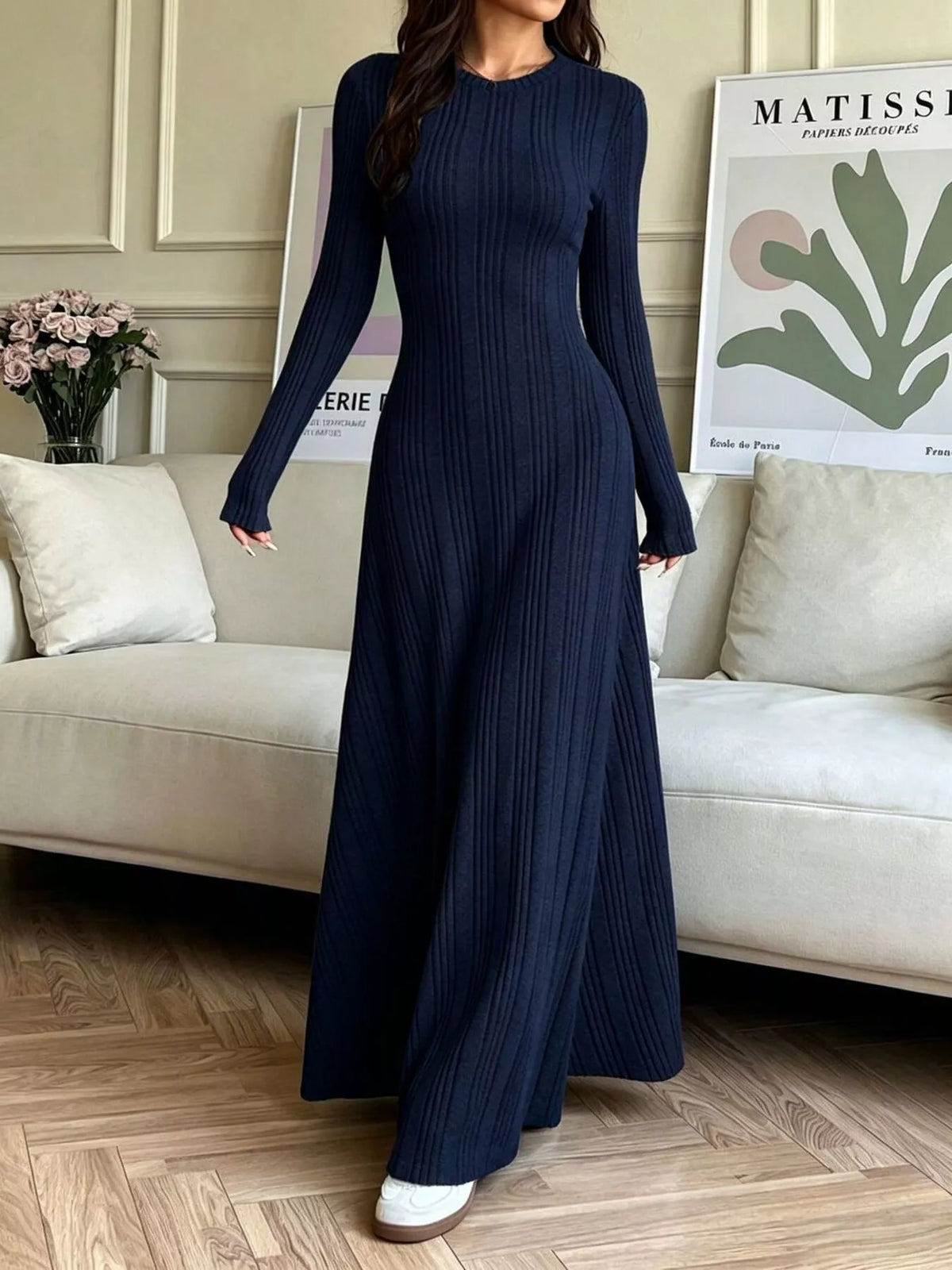 Long Sleeve Ribbed Knit Dress - Dark Navy - View 1