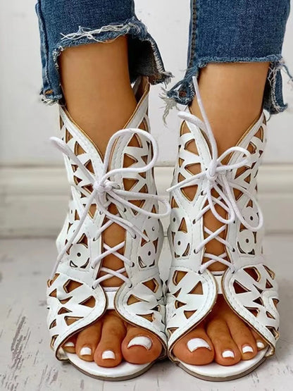 Lace-Up Geometric Cutout Sandals - White - View 1