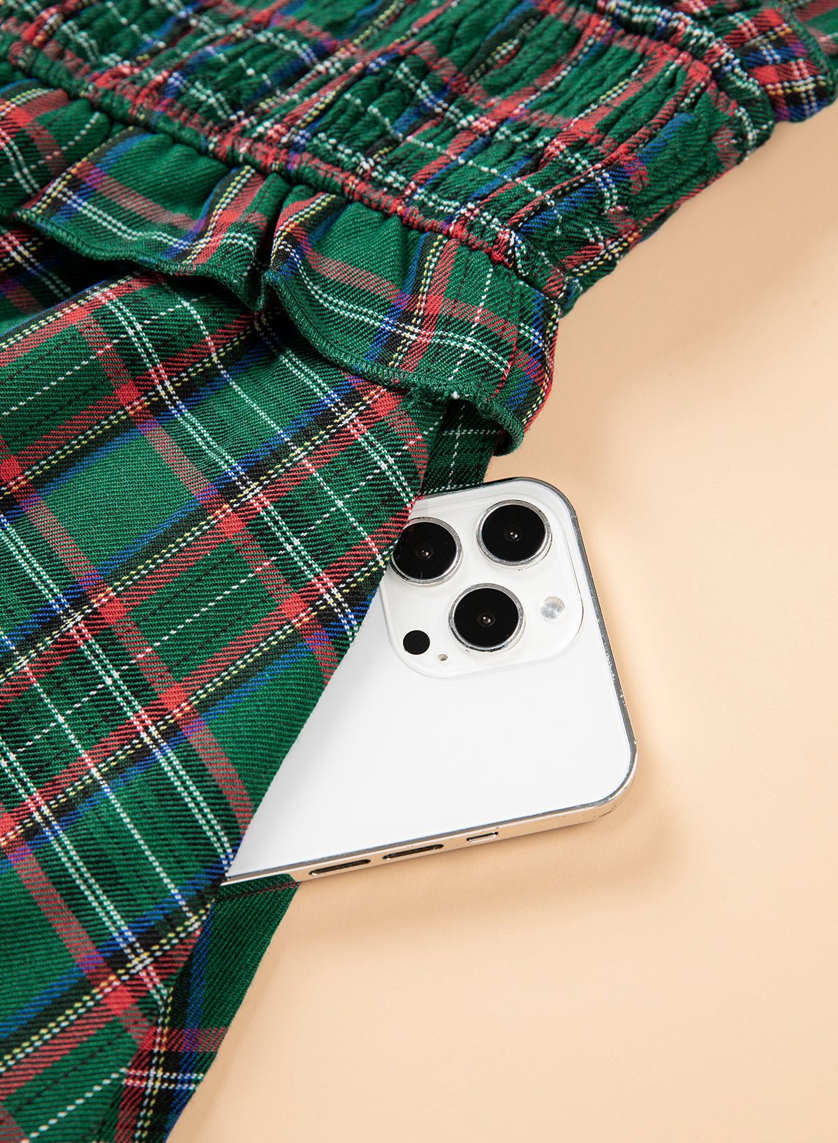 Green Plaid Shirred U Neck Short Sleeve Mini Dress - product photo 10