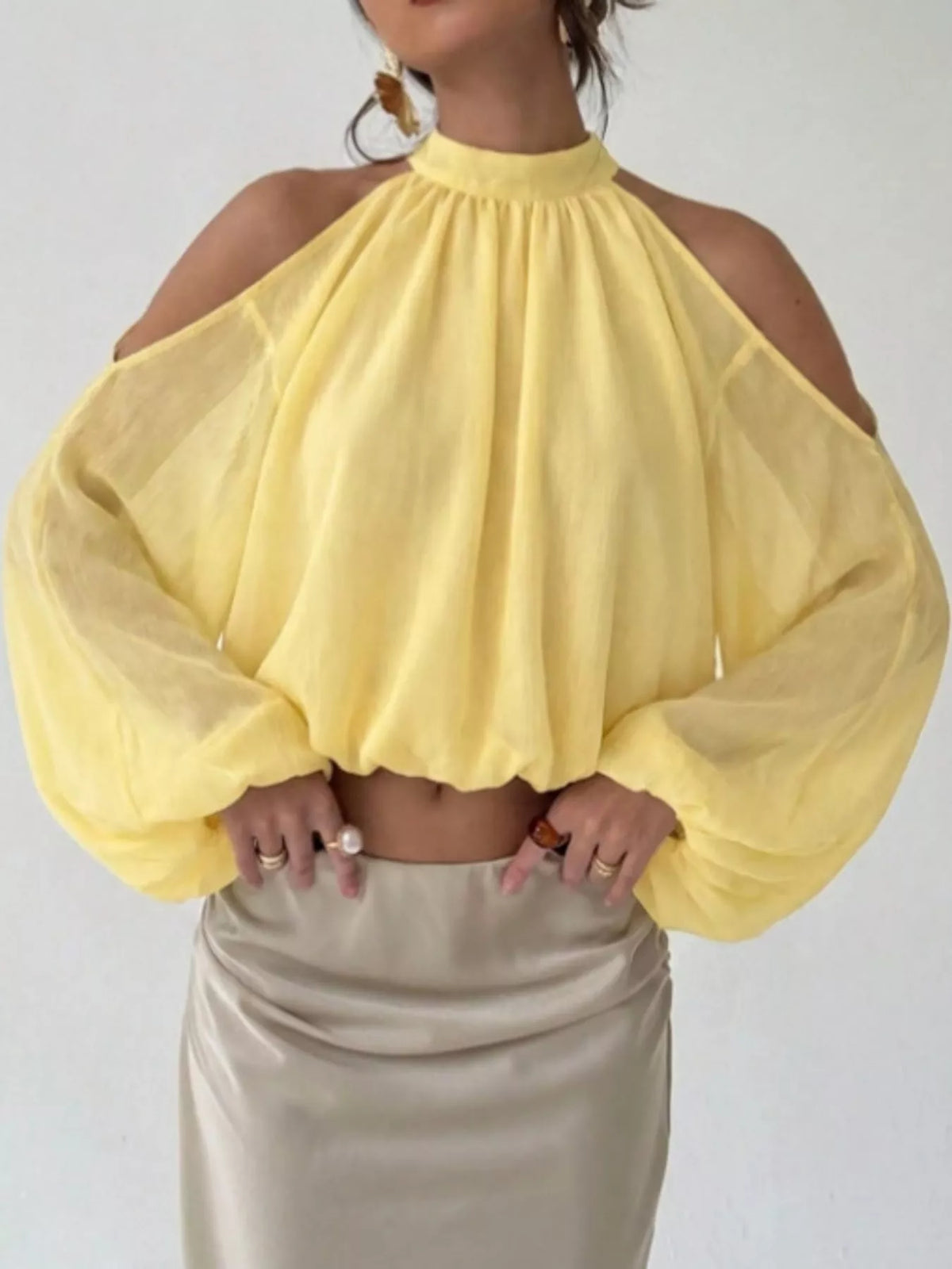 Cold-Shoulder Long Sleeve Blouse - Yellow - View 10