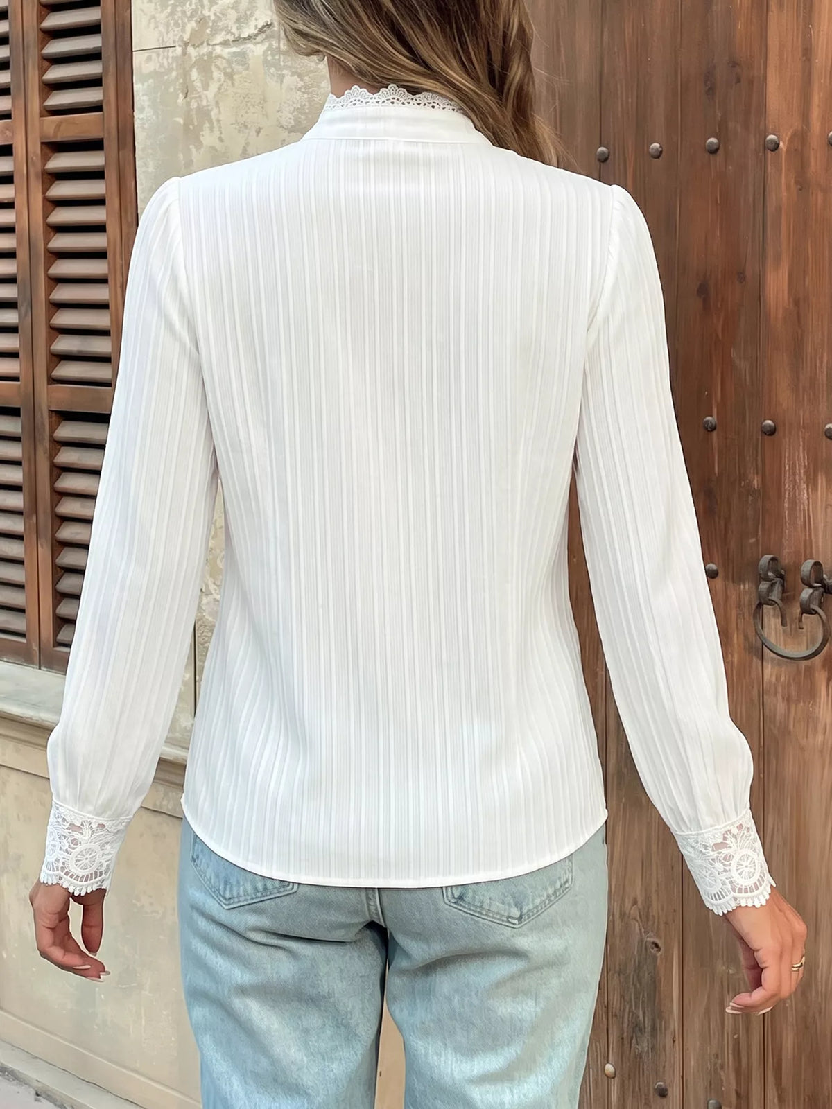 Lace Detail Long Sleeve Shirt - White - View 6