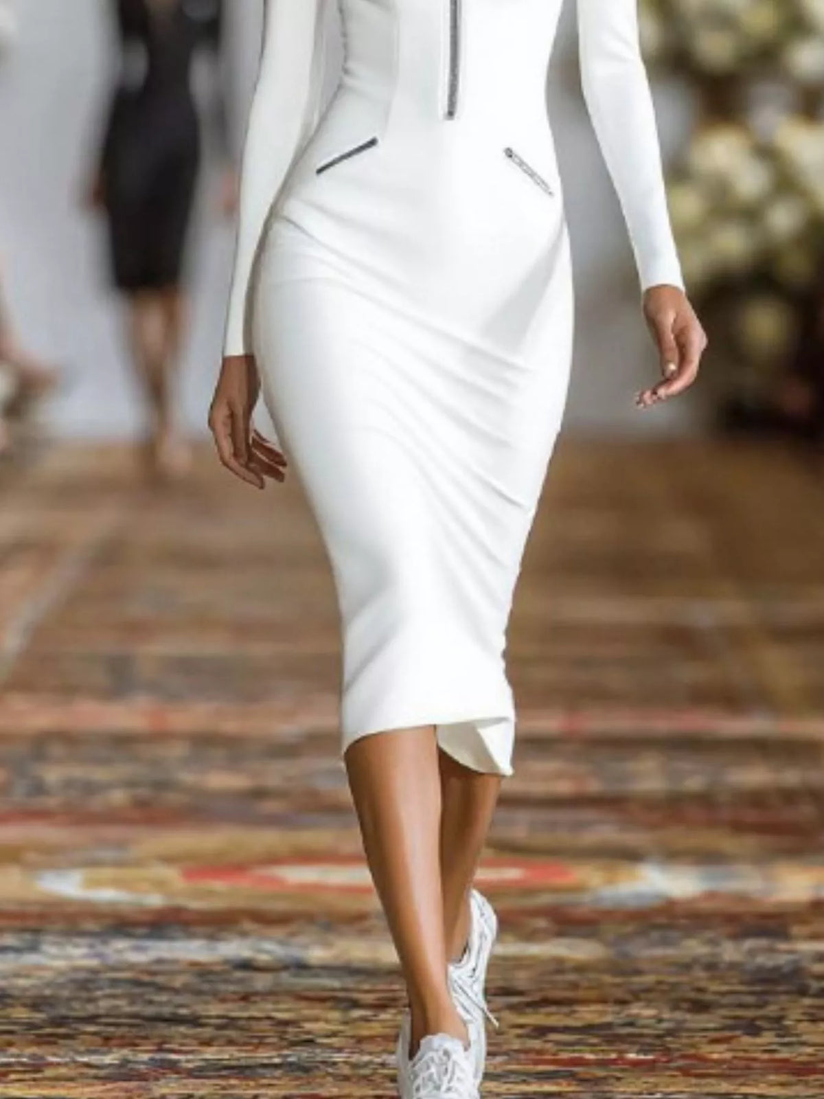 Full Size Zip-Front Bodycon Midi Dress Plus Size - White - View 3