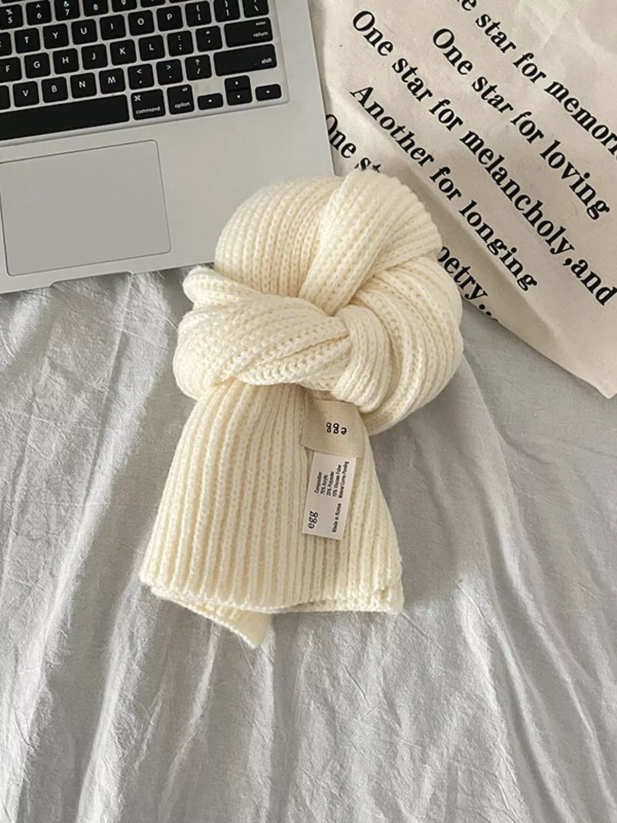 Knitted Ribbed Scarf - Milky White - View 5