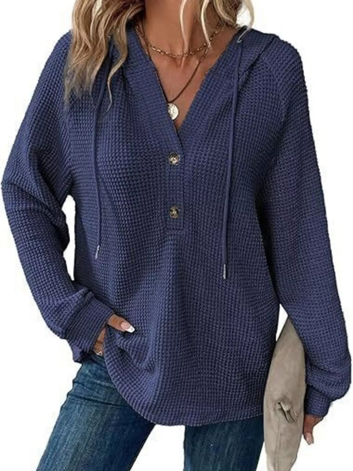 Full Size Waffle Knit Half-Button Hoodie Plus Size - Blue - View 8