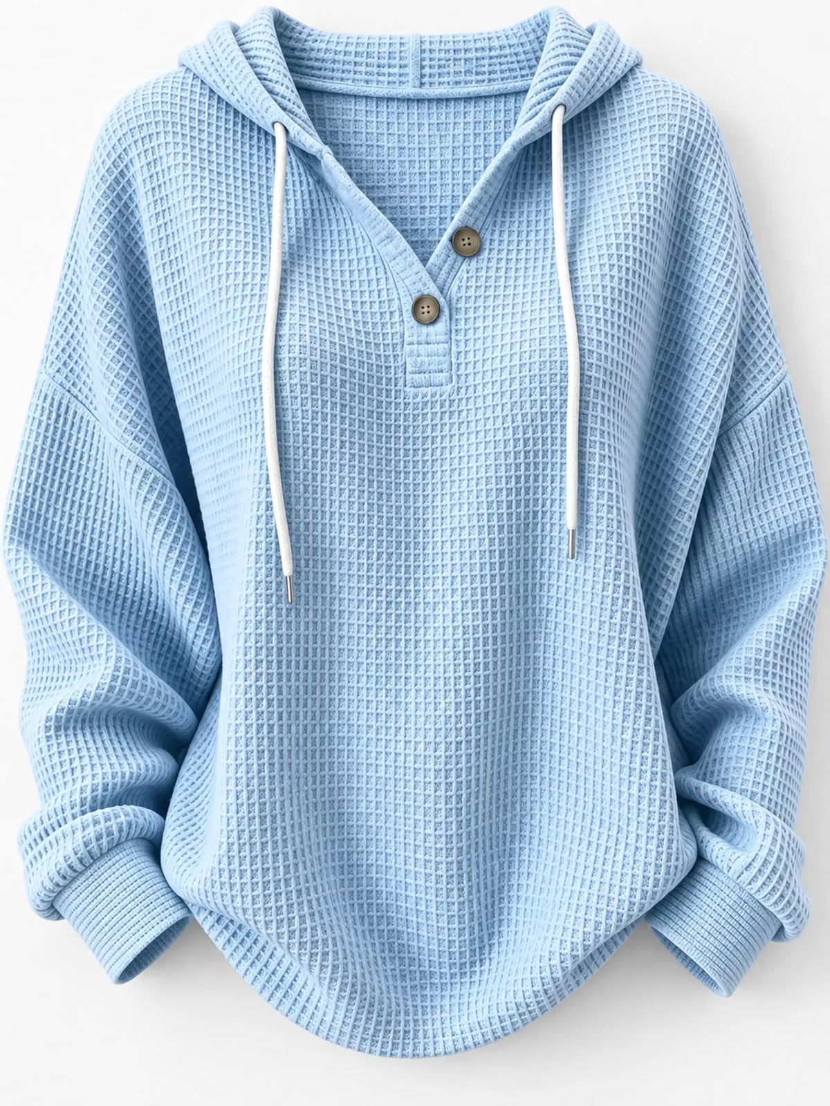 Full Size Waffle Knit Button Detail Hoodie Plus Size - Light Blue - View 9