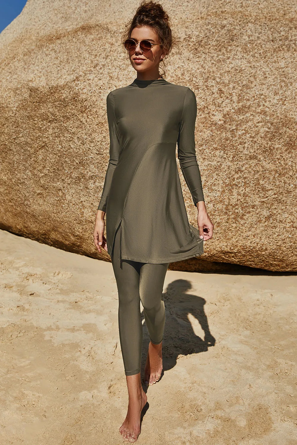 Slit Mock Neck Long Sleeve Top and Pants Swim Set - Army Green - View 1