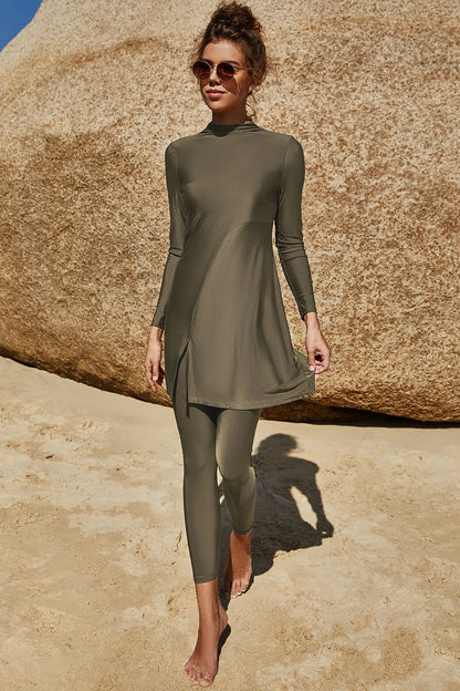 Slit Mock Neck Long Sleeve Top and Pants Swim Set - Army Green - View 1