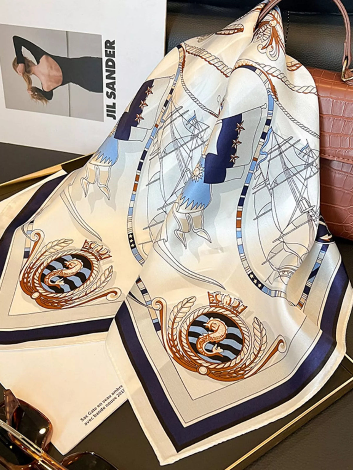 Nautical Print Silk Square Scarf - Ivory - View 3