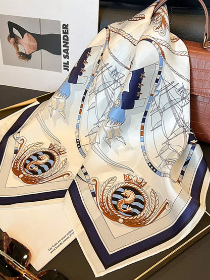 Nautical Print Silk Square Scarf - Ivory - View 3