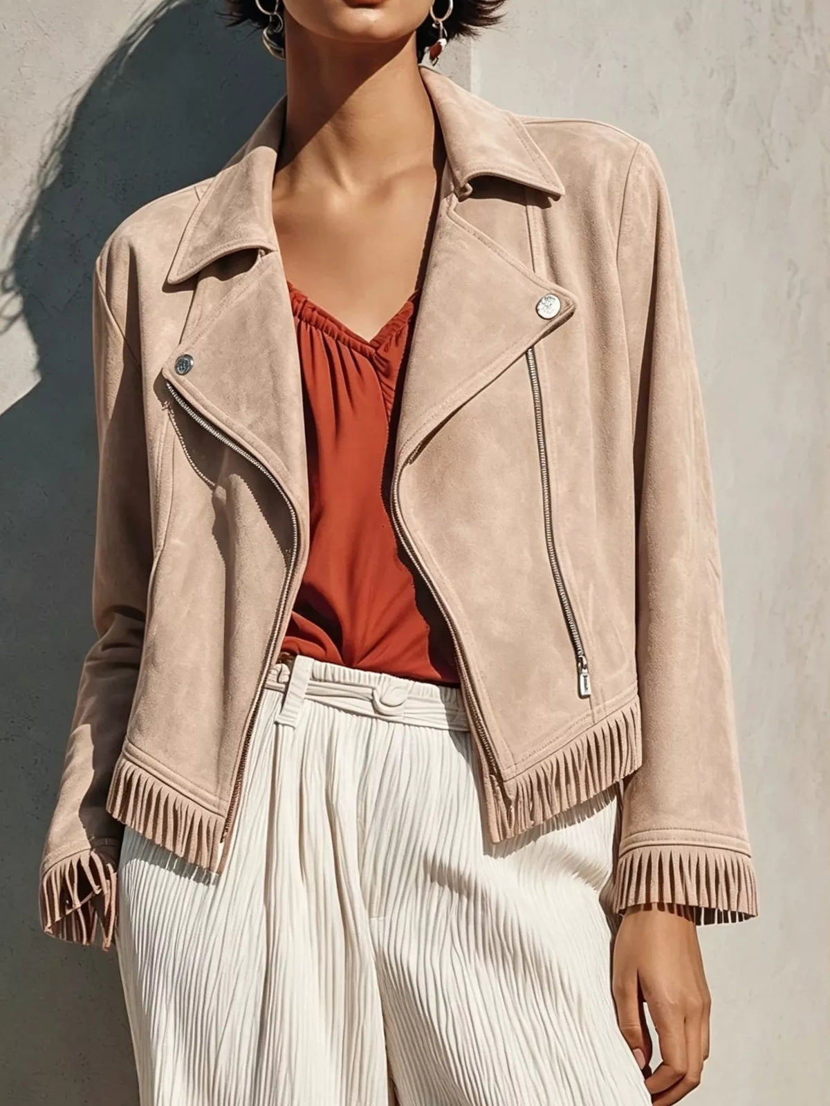 Fringe Hem Zip Up Jacket - Apricot - View 1