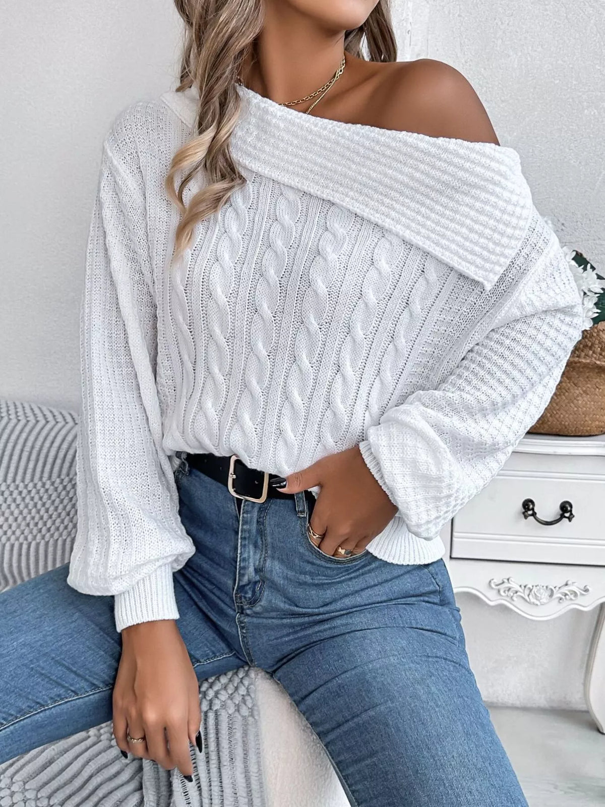 One Shoulder Cable Knit Sweater - White - View 3