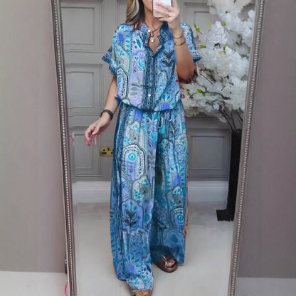 Fashionable Summer Casual Printed Round Neck Cardigan Top with Wide Leg Pants Two-Piece Set