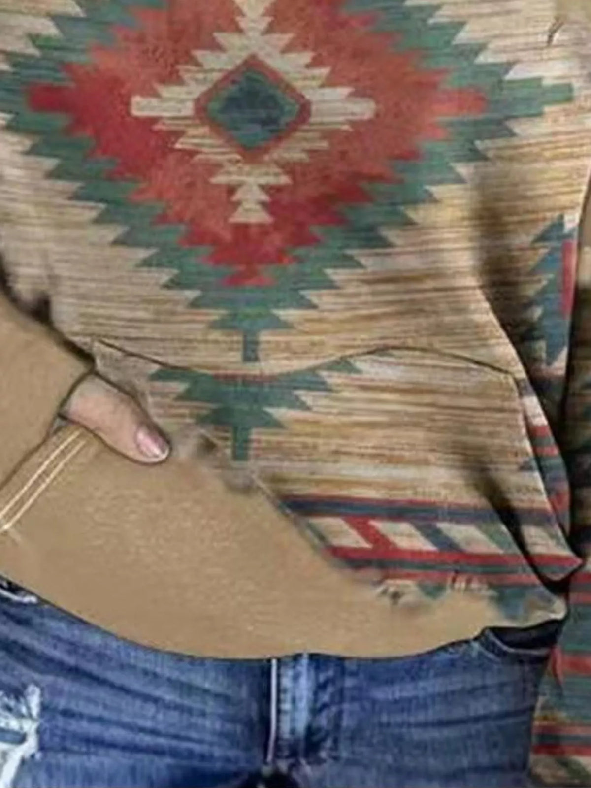 Full Size Aztec Print Hoodie with Kangaroo Pocket Plus Size - Khaki - View 8
