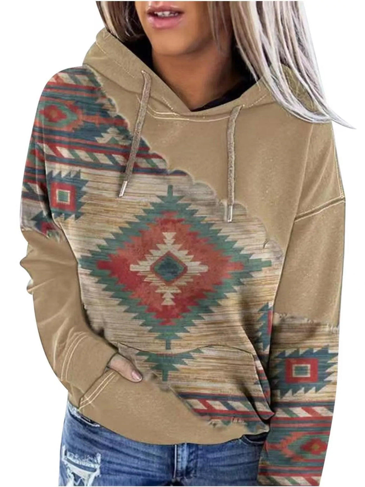 Full Size Aztec Print Hoodie with Kangaroo Pocket Plus Size - Khaki - View 7
