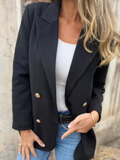 Full Size Double Breasted Long Sleeve Blazer Plus Size - Black - View 5