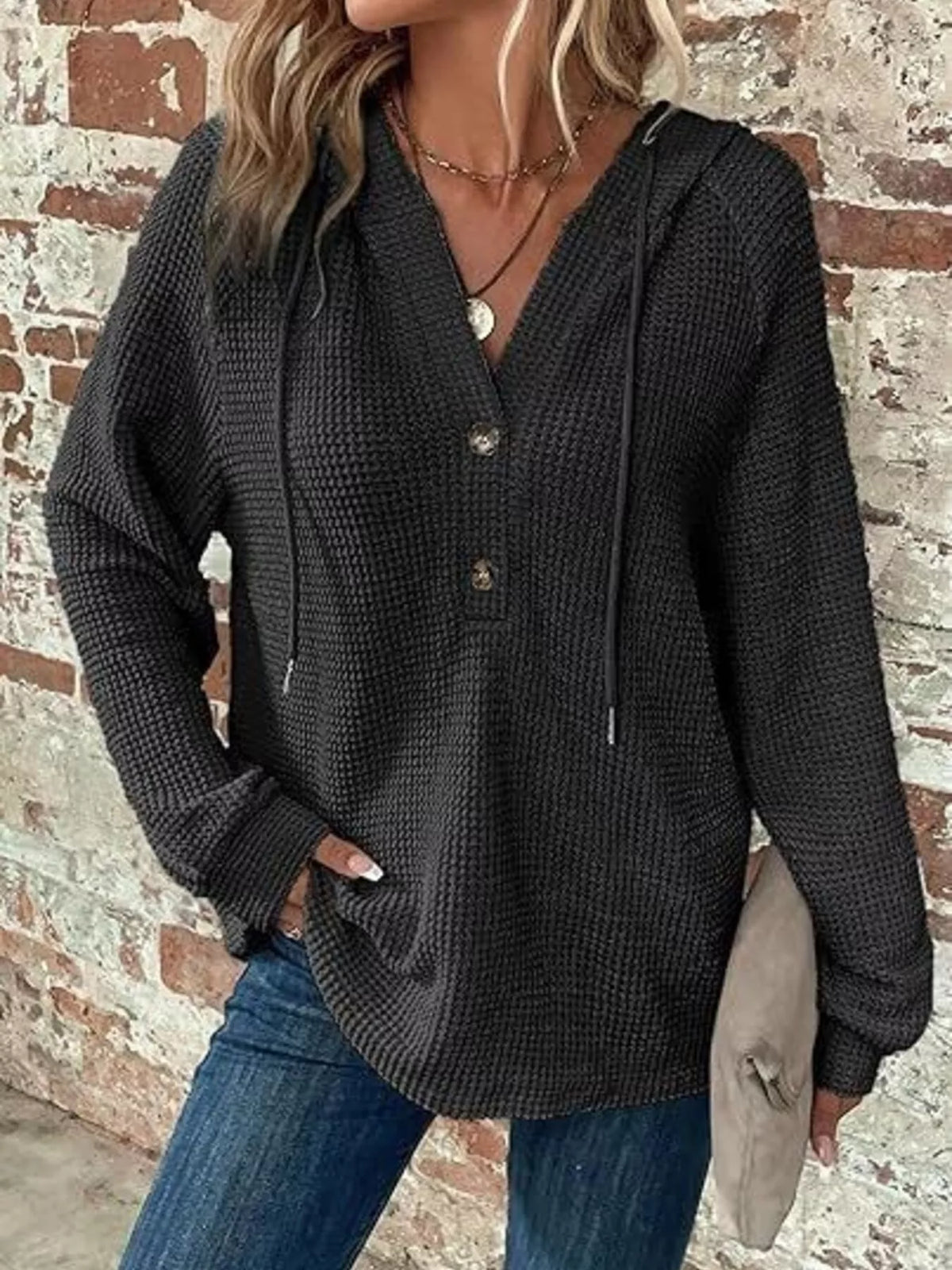 Full Size Waffle Knit Half-Button Hoodie Plus Size - Black - View 3