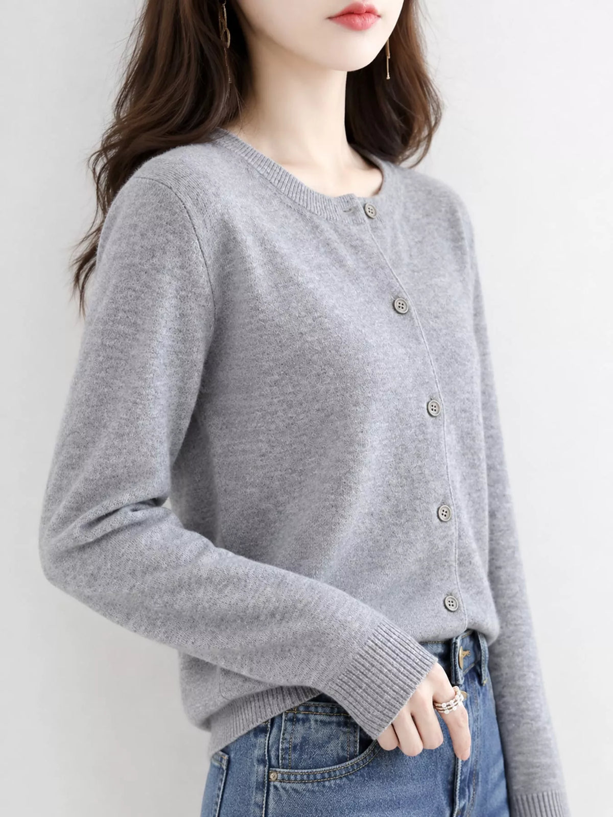 Crew-Neck Button-Down Cardigan - Medium Gray - View 56
