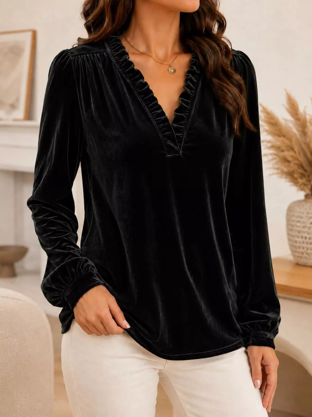 V-Neck Ruffle Trim Velvet Blouse - Black - View 1
