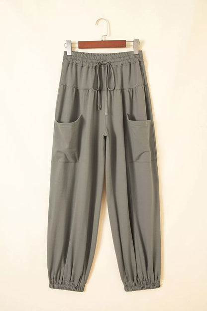 Elastic Waist Drawstring Wide Leg Full Length Pants - Army Green - View 4