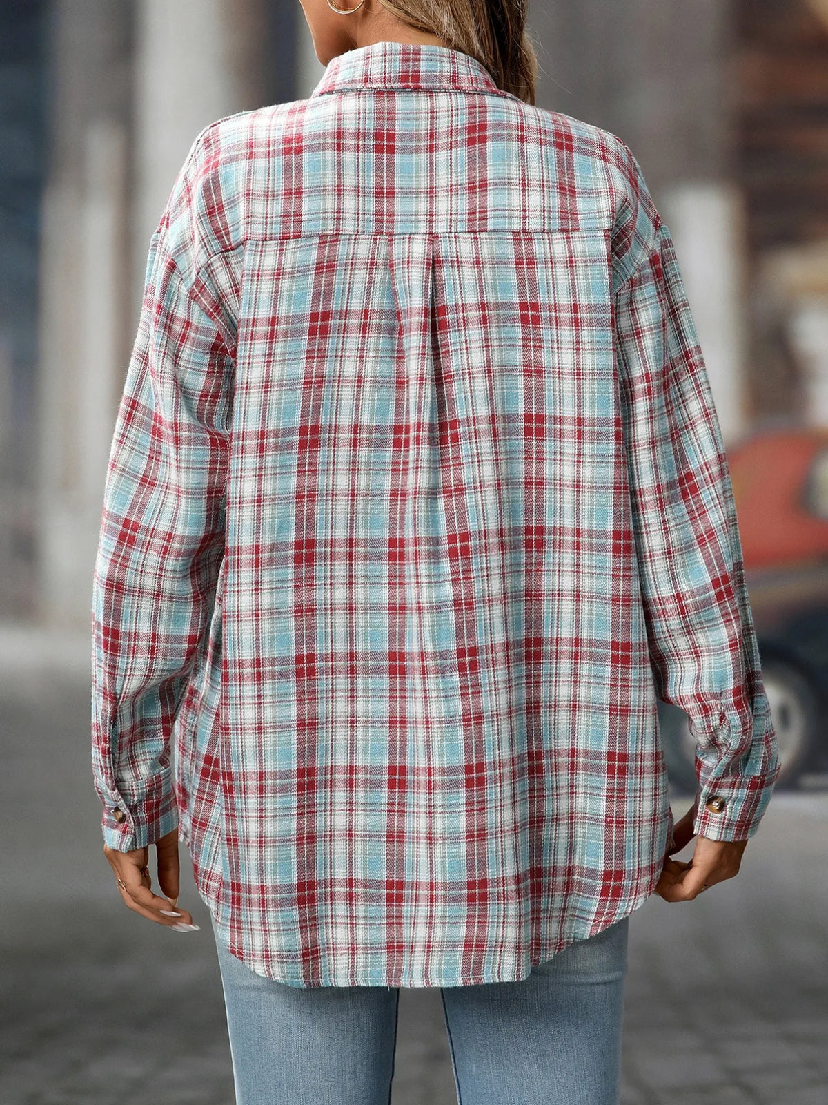 Plaid Button-Down Oversized Shirt - Light Lake Blue - View 6