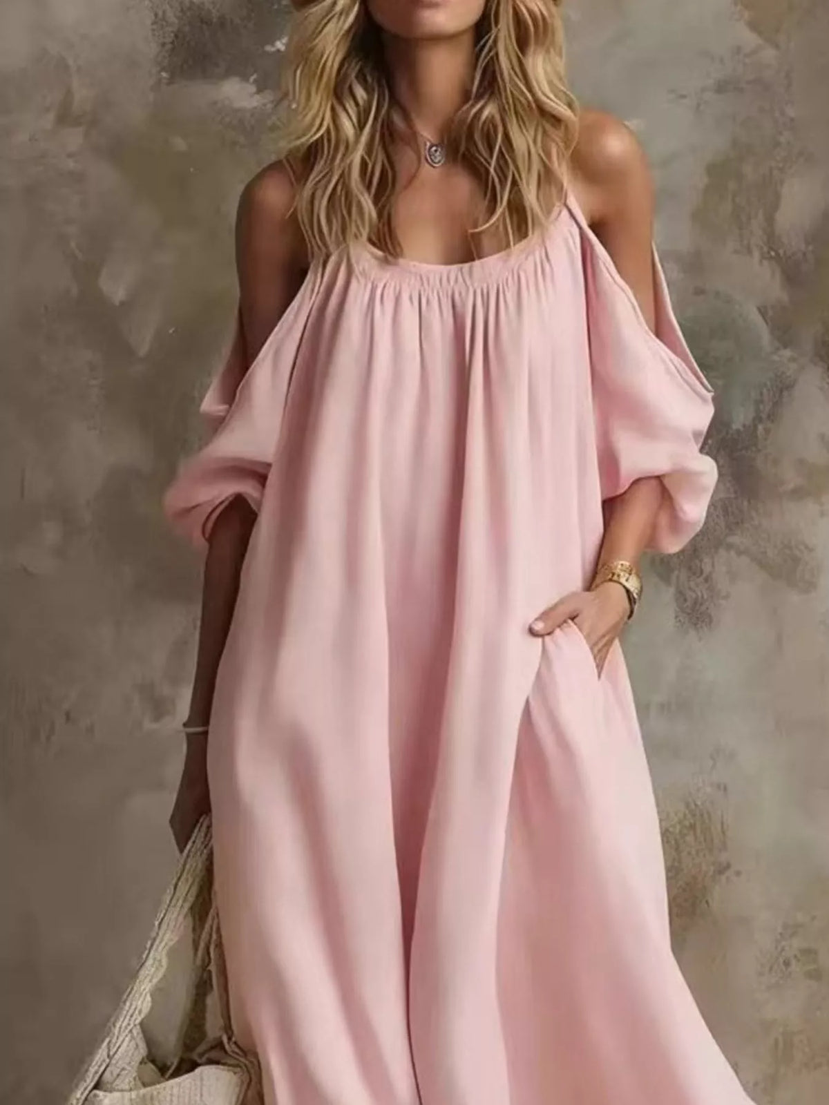 Full Size Cold-Shoulder Linen Maxi Dress Plus Size - Dusty Pink - View 2