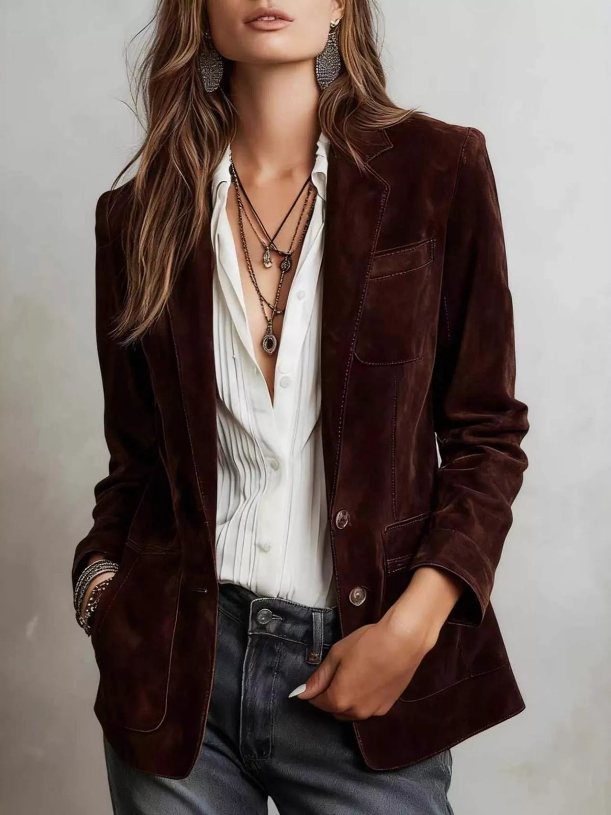 Full Size Lapel Collar Button Up Blazer Plus Size - Chocolate - View 1