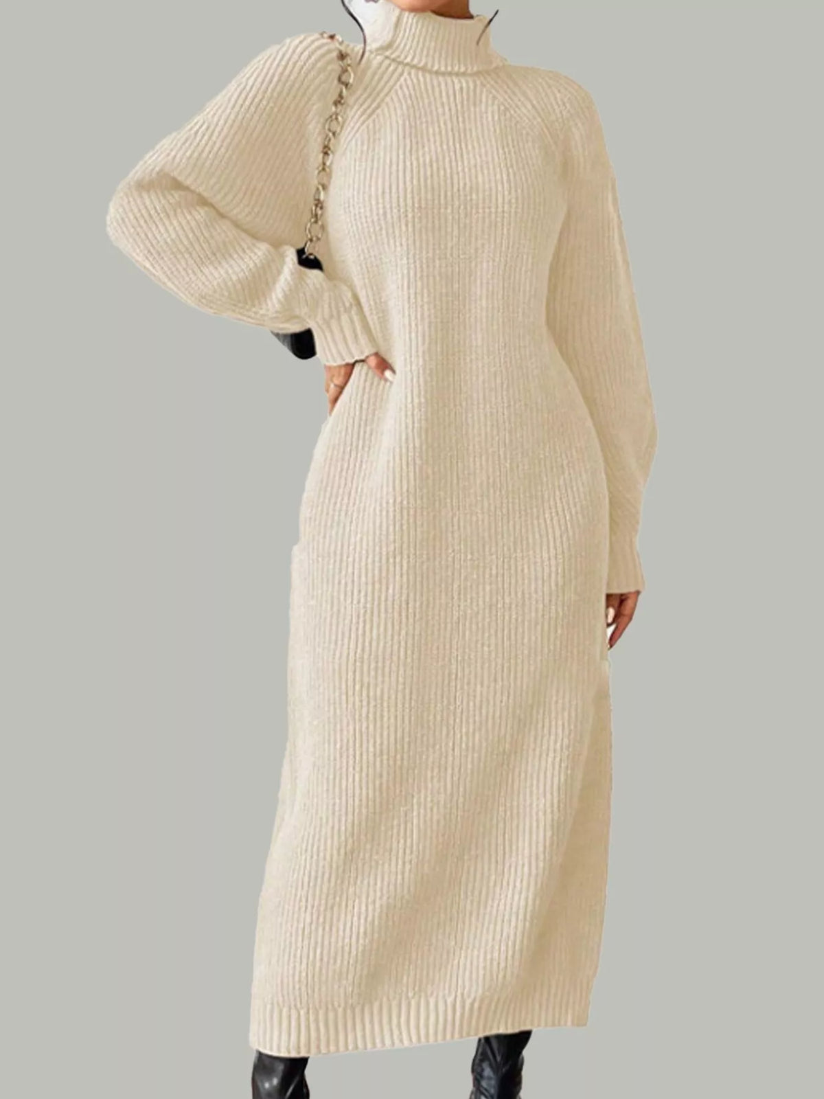 Turtleneck Ribbed Knit Midi Sweater Dress - Apricot - View 2