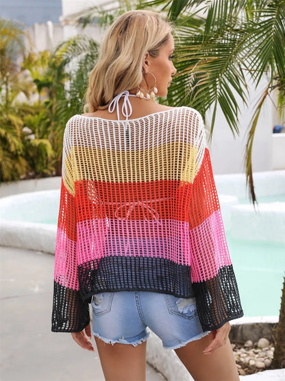 Angel Wings Color Block Openwork Boat Neck Cover Up - Pink - View 2
