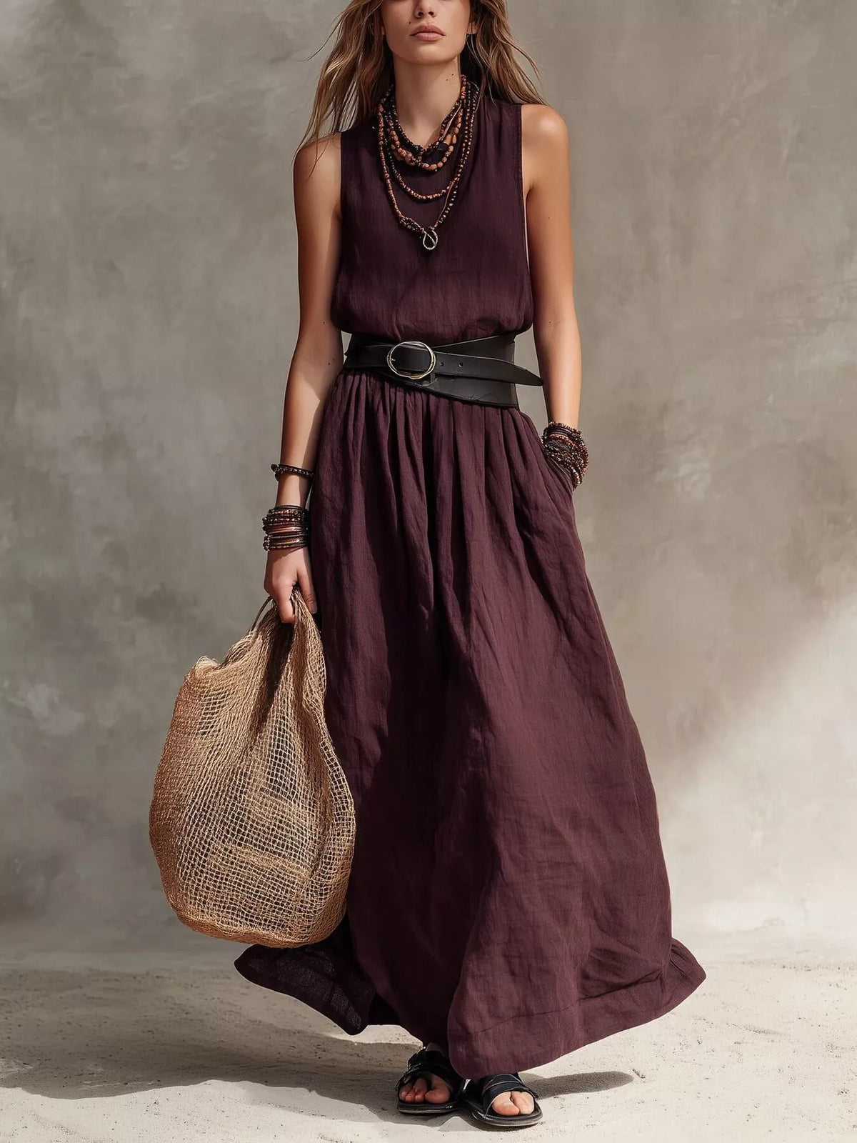 Full Size Round Neck Sleeveless Maxi Dress Plus Size - Rust - View 1