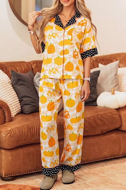 Short Sleeve Pumpkin Print Polka Dot Trim Pocket Placket Lounge Set - Sherbet - View 1