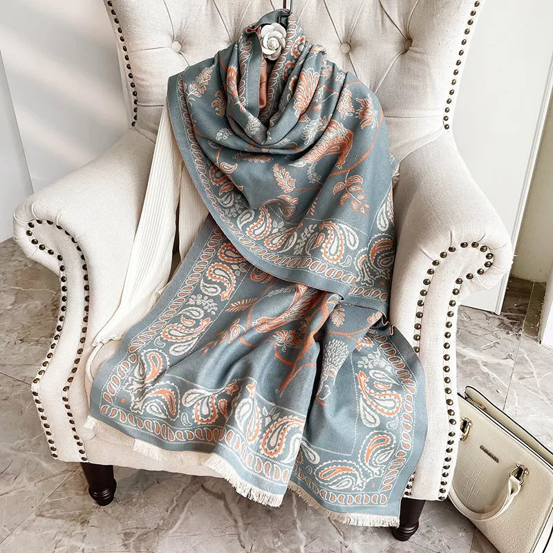 Printed Raw Hem Scarf - Blue - View 3