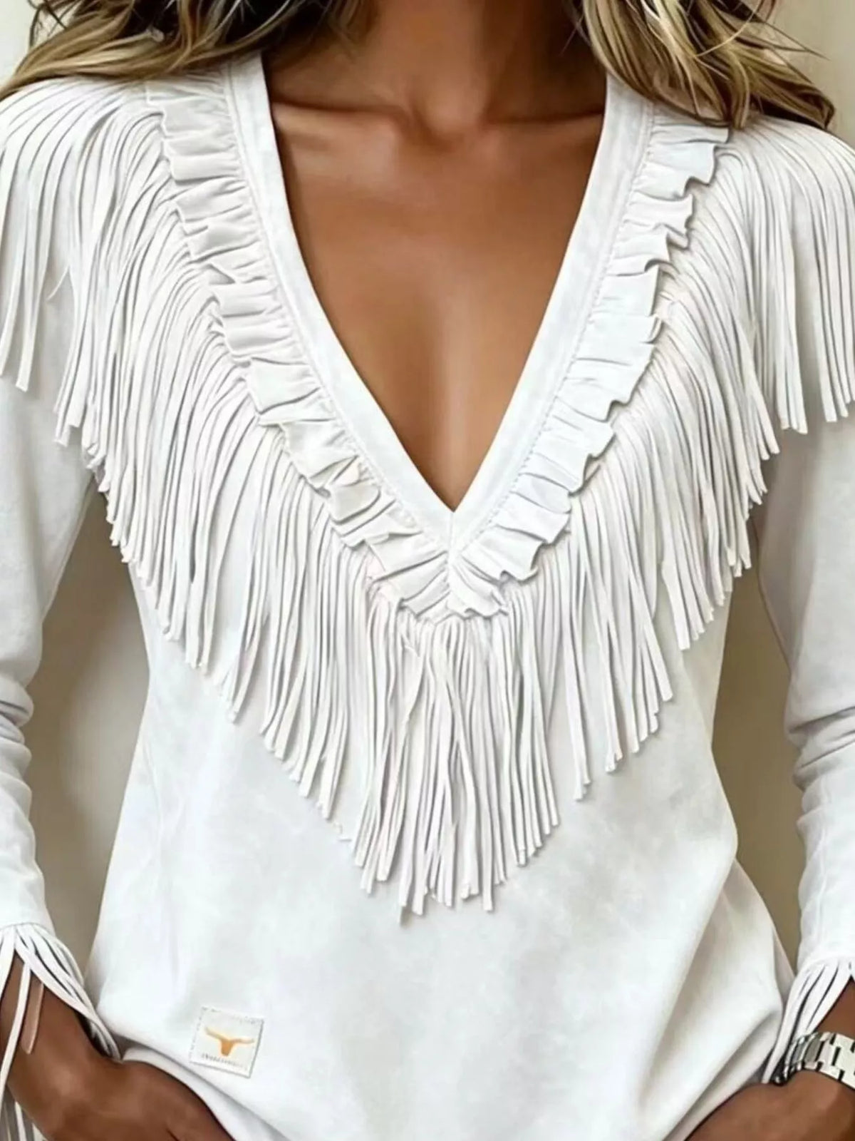 Fringed V-Neck Blouse - Light Blue - View 5
