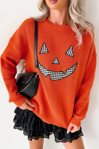 Drop Shoulder Long Sleeve Round Neck Halloween Sweater - Orange - View 6