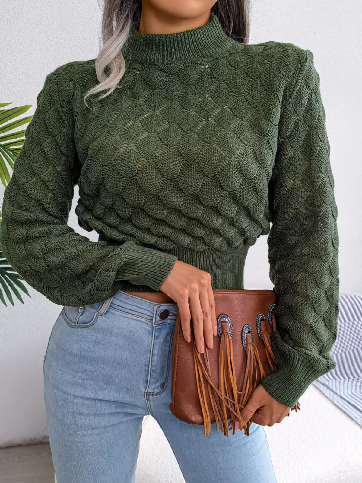 Mock Neck Textured Cropped Sweater - Dark Green - View 4