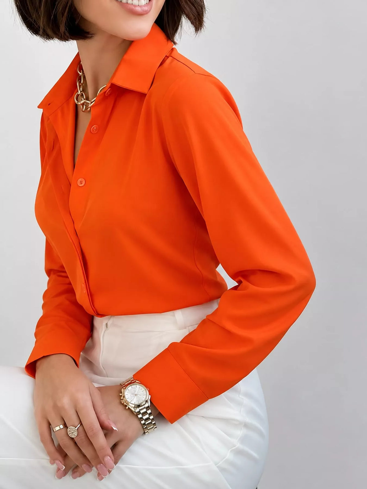 Button Up Long-Sleeve Shirt - Orange Red - View 29