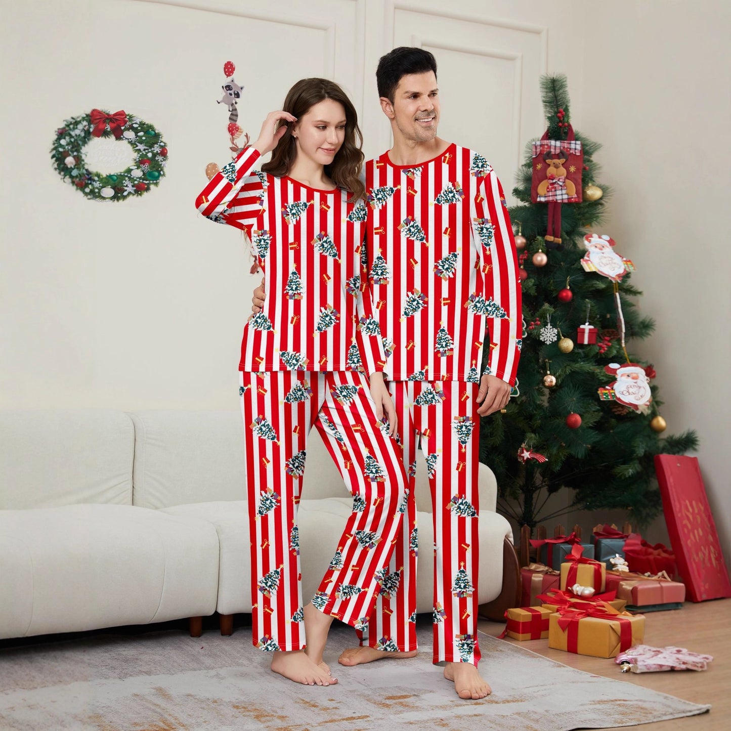 Family Christmas Tree Digital Print Pajamas Set for Parents and KidsHoliday Home Wear