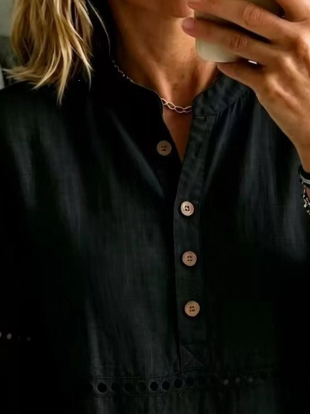 Full Size Button Detail Eyelet Long Sleeve Blouse Plus Size - Black - View 2