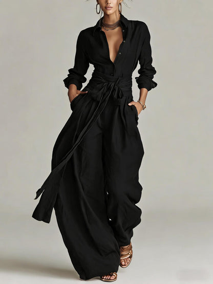 Solid color collar top high waisted pants two-piece set
