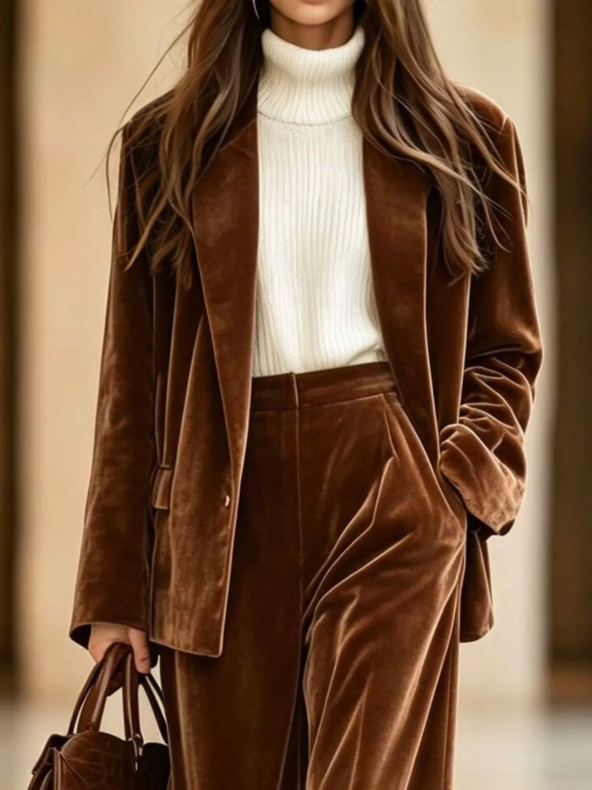 Velvet Blazer and Wide-Leg Pants Two-Piece Set - Dark Brown - View 2