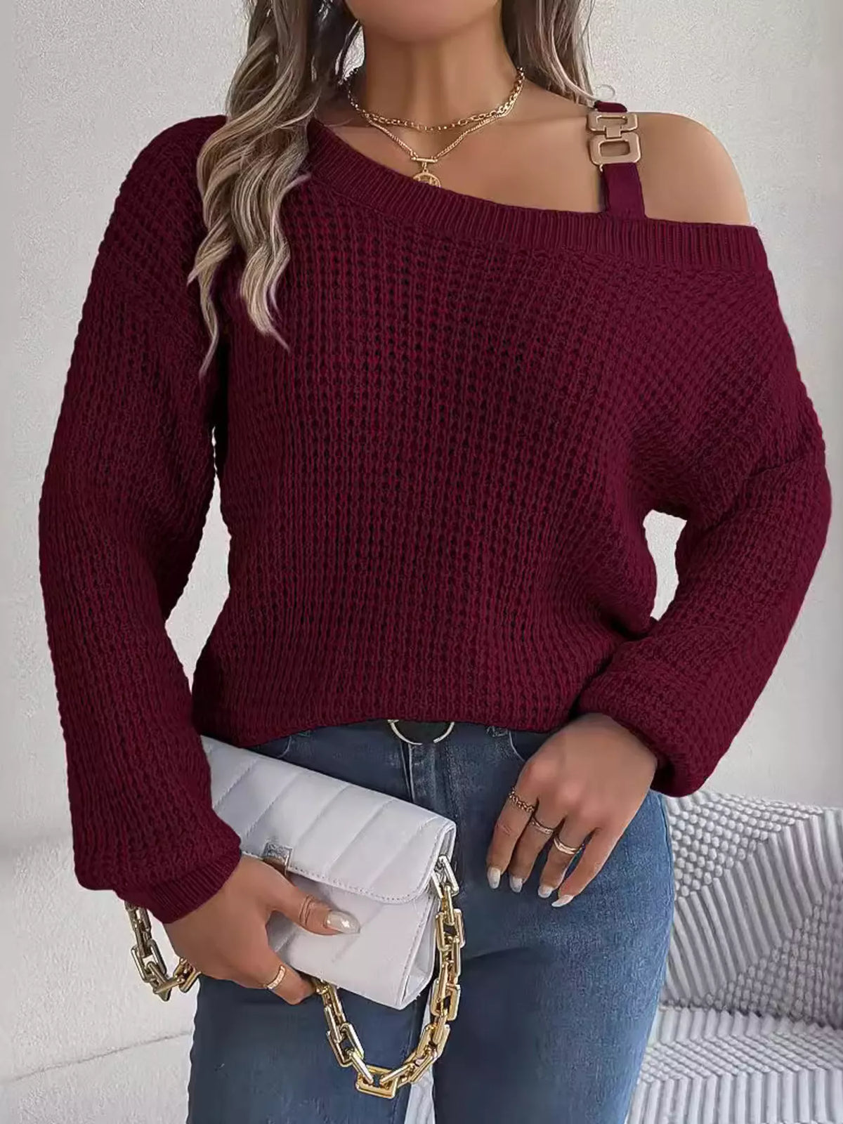 Asymmetrical Neck Long Sleeve Sweater - Burgundy - View 2