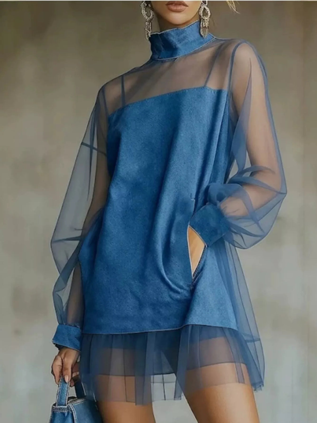 Sheer Mesh Turtleneck Mini Dress - Peacock  Blue - View 1