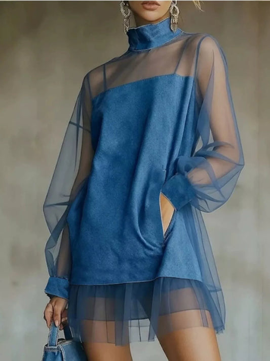 Sheer Mesh Turtleneck Mini Dress - Peacock  Blue - View 1