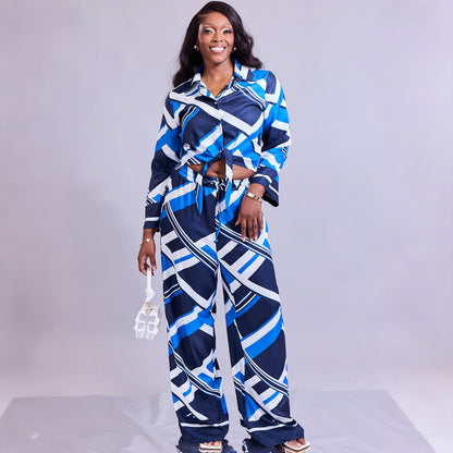 New Casual Commute Abstract Long Sleeve Tie-neck Turn-down Collar Shirt Wide-leg Pants Set