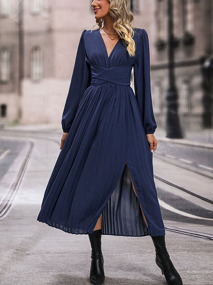 Perfee V-Neck Long Sleeve Pleated Slit Dress - Dark Blue - View 4